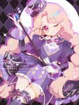  1girl ascot black_hat bow bowtie braid breasts cane commentary_request cropped_vest eyewear_on_headwear frilled_shorts frilled_sleeves frills gloves grey_thighhighs grin haru_(haru1bc6c4) hat highres himitsu_no_aipri holding holding_cane long_hair long_sleeves looking_at_viewer mini_hat mini_top_hat monocle nikaidou_tamaki one_eye_closed parted_bangs pink_eyes pink_hair pretty_series puffy_long_sleeves puffy_sleeves purple_bow purple_bowtie purple_shorts purple_vest shirt shorts showgirl_skirt small_breasts smile solo thigh_strap thighhighs tilted_headwear top_hat twin_braids very_long_hair vest white_ascot white_gloves white_shirt 