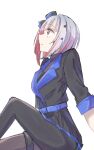  1girl awoke_(love_live!) black_jacket black_pantyhose black_skirt blue_hat bob_cut colored_inner_hair commentary from_side grey_hair hair_ornament hat highres inverted_bob jacket love_live! love_live!_hasu_no_sora_jogakuin_school_idol_club mini_hat multicolored_hair pantyhose red_hair red_streaks short_hair simple_background sitting skirt solo star_(symbol) star_hair_ornament streaked_hair three-quarter_sleeves tikuwa_l tilted_headwear untranslatable_commentary upturned_eyes virtual_youtuber white_background yugiri_tsuzuri 