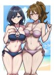  2girls absurdres arm_around_another's_waist bare_arms bare_shoulders beach bikini black_hair blue_bikini blue_eyes blue_sky blush breasts brown_eyes brown_hair chitose-kun_wa_ramune_bin_no_naka cleavage closed_mouth collarbone commentary english_commentary hand_on_another's_hip hibike!_euphonium highres large_breasts long_hair looking_at_viewer multiple_girls nanase_yuzuki navel o-ring o-ring_bikini ocean oumae_mamiko ponytail purple_bikini purple_eyes rotomdocs sky smile stomach swimsuit water 