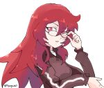  1girl adjusting_eyewear bright_pupils commentary english_commentary eyelashes glasses hair_between_eyes hand_on_eyewear highres little_witch_academia long_hair long_sleeves mangodevourer red_eyes red_hair shiny_chariot simple_background solo twitter_username ursula_callistis white_background white_pupils 