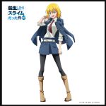  1girl artist_request belt black_pantyhose blonde_hair blue_eyes blue_jacket blue_skirt boots breasts brown_boots carrera_(tensura) commentary_request copyright_logo copyright_name copyright_notice denim denim_skirt fingernails full_body hand_up jacket jacket_on_shoulders logo long_sleeves looking_at_viewer medium_breasts medium_hair military_uniform nail_polish necktie official_art open_mouth pantyhose purple_necktie second-party_source shirt simple_background skirt sleeves_rolled_up smile solo standing tensei_shitara_slime_datta_ken translation_request white_background white_belt white_shirt 