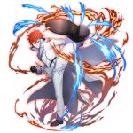  1boy belt black_belt black_gloves blue_eyes clenched_hand coat fire full_body game_asset gloves grand_summoners hair_between_eyes kicking leg_up long_sleeves looking_at_viewer male_focus official_art pants re:zero_kara_hajimeru_isekai_seikatsu red_hair reinhard_van_astrea sheath shoes short_hair simple_background smile solo standing standing_on_one_leg sword weapon white_background white_coat white_pants 