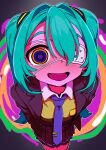  1girl absurdres aqua_hair black_jacket blue_necktie blush clfmsh99 collared_shirt commentary eyepatch fisheye freckles from_above hair_between_eyes hair_intakes hair_ornament hatsune_miku highres jacket long_hair long_sleeves looking_at_viewer medical_eyepatch monitoring_(vocaloid) multicolored_eyes necktie open_mouth pleated_skirt ringed_eyes school_uniform shirt skirt smile solo sweater tie_clip twintails untranslatable_commentary vocaloid white_shirt yellow_sweater 