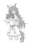  2girls ac3h1gh aged_down ahoge animal_ears aqua_eyes armpit_carry bandaid bandaid_on_knee bandaid_on_leg blue_eyes blush bow bright_pupils child closed_mouth commentary_request cropped_legs dot_mouth dot_nose hair_between_eyes hat highres horse_ears horse_girl horse_tail kitasan_black_(umamusume) korean_commentary long_hair looking_at_viewer medium_hair mini_hat mini_top_hat mr._c.b._(umamusume) multicolored_hair multiple_girls open_mouth pleated_skirt ponytail puffy_short_sleeves puffy_sleeves sailor_collar school_uniform shirt shoes short_sleeves shorts simple_background skirt smile socks spot_color streaked_hair summer_uniform t-shirt tail teeth thighhighs top_hat tracen_school_uniform umamusume upper_teeth_only v v-shaped_eyebrows very_long_hair white_background white_pupils 