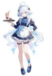  1girl absurdres ahoge alternate_costume apron black_bow black_dress black_shoes blue_bow blue_bowtie blue_eyes blue_gem blue_pupils blue_streaks blver bow bowtie cake cake_slice closed_mouth commentary dress drop-shaped_pupils enmaided food frilled_apron frilled_hairband frills full_body furina_(genshin_impact) gem genshin_impact hair_between_eyes hairband hand_on_own_hip hand_up heterochromia highres holding holding_tray juliet_sleeves long_hair long_sleeves looking_at_viewer maid maid_headdress multicolored_hair parfait puffy_sleeves shoes simple_background solo standing streaked_hair symbol-shaped_pupils thigh_strap tray very_long_hair white_apron white_background white_hair white_hairband 