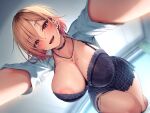  1girl absurdres areola_slip barbell_piercing blonde_hair bra breasts choker dutch_angle ear_piercing from_below gradient_hair grin gyaru highres hugging_viewer indoors industrial_piercing jewelry lace lace-trimmed_bra lace_bra lace_trim large_breasts looking_at_viewer mole mole_on_breast multicolored_hair nanafuton necklace onee_gyaru original piercing plaid_clothes plaid_skirt pleated_skirt red_eyes shirt short_hair skirt smile solo thigh_strap underwear variant_set voice_drama_available white_shirt 