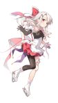  1girl absurdres akaneko016 asymmetrical_gloves bare_shoulders black_dress black_gloves blush bow breasts brown_pantyhose commentary_request dress elbow_gloves fate/kaleid_liner_prisma_illya fate_(series) frilled_thigh_strap full_body gloves grin hair_bow hair_ornament hairclip highres ice_skates illyasviel_von_einzbern layered_skirt long_hair looking_at_viewer neck_ribbon pantyhose red_bow red_eyes red_skirt ribbon sidelocks single_leg_pantyhose skates skirt small_breasts smile solo thigh_strap two-tone_dress white_dress white_hair 