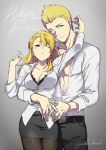 1boy 1girl :o arm_around_another's_waist bare_pectorals belt black_bra black_skirt blonde_hair blue_eyes bra breasts catgirl0926 character_name cleavage collarbone commentary_request genderswap genderswap_(mtf) genderswap_on_non-genderswap hetero idolmaster idolmaster_side-m ijuuin_hokuto jewelry large_breasts maita_rui one_eye_closed open_clothes open_mouth open_shirt pantyhose pectorals red_eyes ring skirt smile underwear wedding_ring 