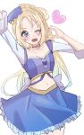  1girl :d ;d arms_up blonde_hair blue_eyes blue_hair blue_hat blue_skirt blush breasts cleavage collarbone commentary crop_top fang frilled_skirt frills gradient_hair half-heart_hands hat heart heart_ni_q_(love_live!) highres long_hair looking_at_viewer love_live! love_live!_hasu_no_sora_jogakuin_school_idol_club midriff miniskirt multicolored_hair navel one_eye_closed open_mouth osawa_rurino simple_background skin_fang skirt small_breasts smile solo three-quarter_sleeves tikuwa_l tilted_headwear untranslatable_commentary v-shaped_eyebrows very_long_hair virtual_youtuber white_background 
