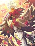  autumn_leaves closed_mouth commentary_request forest hisuian_decidueye leaf leaf_in_mouth maple_leaf nature outdoors pokemon pokemon_(creature) red_eyes runachikku solo tree twitter_username walking 