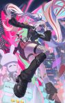  1girl absurdres bandaid bandaid_on_leg bare_shoulders black_leg_warmers breasts city commentary_request emoji eyewear_on_head facial_mark fishnet_thighhighs fishnets heart heart_facial_mark highres honkai:_star_rail honkai_(series) jewelry jiang_wu_(user_wewj7328) leg_warmers legs long_hair looking_at_viewer medium_breasts miniskirt multicolored_hair official_alternate_costume official_alternate_hairstyle open_mouth pink_eyes red_skirt red_streaks ring shade single_thighhigh skirt solo sparkle_(honkai:_star_rail) sparxie_(candy-coated_waves)_(honkai:_star_rail) sparxie_(honkai:_star_rail) streaked_hair sunglasses thigh_strap thighhighs twintails two_side_up very_long_hair w white_hair 