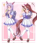  2girls animal_ears aqua_bow bag blue_eyes blush bow bowtie breasts brown_hair brown_shoes collarbone commentary_request cup disposable_cup drinking_straw drinking_straw_in_mouth ear_bow ear_ribbon full_body hair_between_eyes highres holding holding_cup horse_ears horse_girl horse_tail long_hair looking_at_viewer mejiro_mcqueen_(umamusume) mokichi3356 multicolored_hair multiple_girls open_mouth pleated_skirt ponytail puffy_short_sleeves puffy_sleeves purple_bow purple_bowtie purple_eyes purple_hair purple_shirt sailor_collar sailor_shirt school_bag school_uniform shirt shoes short_sleeves simple_background single_hair_streak skirt small_breasts smile star_(symbol) streaked_hair summer_uniform tail thighhighs tokai_teio_(umamusume) tracen_school_uniform two-tone_hair umamusume v white_hair white_sailor_collar white_skirt white_streaks white_thighhighs 