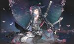  1girl absurdres arknights bird black_hair black_kimono black_sash blue_eyes blunt_bangs cherry_blossoms chest_sarashi crow falling_petals flower full_body hair_flower hair_ornament hair_wings highres japanese_clothes kimono long_hair long_sleeves looking_at_viewer mao_jiujiu_sha mio_(arknights) obiage petals pink_flower sarashi sash seiza sheath short_sword sitting solo sword tachi_(weapon) two-tone_kimono wakizashi weapon 