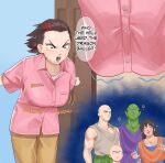  1girl 4boys anger_vein angry blush bouncing_breasts breasts commentary dragon_ball dragon_ball_(classic) dragon_ball_z embarrassed english_commentary english_text forehead genderswap genderswap_(mtf) highres huggytug kuririn large_breasts multiple_boys piccolo pink_shirt shirt tenshinhan thick_eyebrows vegeta yamcha 