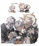  3boys animal_ears antenna_hair armor asymmetrical_wings belt black_belt black_bodysuit black_cape black_choker black_gloves black_shirt blonde_hair blue_cape blue_eyes blush bodysuit bucket candy cape chest_belt choker closed_eyes closed_mouth cracked_skin dog_ears dog_tail empty_eyes english_text fingerless_gloves food gauntlets gloves grey_hair gyulseu hair_between_eyes half-closed_eye half-closed_eyes halloween halloween_bucket halo halo_behind_head hand_up hands_up highres holding holding_another's_wrist holding_bucket holding_candy holding_food holding_lollipop honkai:_star_rail honkai_(series) hood hooded_cape jacket kemonomimi_mode licking lollipop long_hair_between_eyes long_sleeves looking_at_another male_focus multiple_boys multiple_persona multiple_views neck_tattoo open_mouth orange_eyes pale_skin pauldrons phainon_(flame_reaver)_(honkai:_star_rail) phainon_(honkai:_star_rail) phainon_(khaslana)_(honkai:_star_rail) purple_eyes selfcest shirt short_hair shoulder_armor simple_background single_gauntlet single_glove single_pauldron smile sun_symbol sun_tattoo sweat tail tattoo tongue tongue_out trick_or_treat upper_body white_background white_jacket wings yaoi yellow_halo 