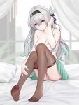  1girl absurdres aqua_eyes bed black_bow black_hairband blurry blurry_background blush bow bra breasts brown_thighhighs closed_mouth collarbone colored_tips commentary_request feet firefly_(honkai:_star_rail) full_body green_nails green_pupils green_skirt hair_between_eyes hair_bow hairband hand_in_own_hair hand_on_own_leg highres honkai:_star_rail honkai_(series) indoors knees_up large_breasts large_variant_set long_hair looking_at_viewer multicolored_hair nail_polish no_shoes on_bed panties pillow sitting skirt smile soles solo strap_slip thighhighs thighs toenail_polish toenails toes underwear variant_set white_bra white_panties yunkaiming 