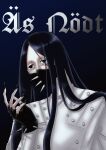  1boy absurdres androgynous antenna_hair as_nodt black_eyes black_nails bleach bleach:_sennen_kessen-hen blue_eyes buttons character_name coat commentary_request gothic_(font) highres i_(pixiv41765817) long_hair male_focus pale_skin parted_bangs solo spiked_mask white_coat 