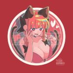  1girl animal_ears bikini bikini_top_pull breasts cat_ears cat_tail cleavage clothes_pull commentary_request extra_ears heart highres kaenbyou_rin keroyan large_breasts multiple_tails open_mouth pulling_own_clothes red_background red_bikini red_eyes red_hair red_nails smile solo swimsuit tail touhou twitter_username two_tails upper_body 
