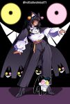  1girl animal_ears artist_name ascot bell_ear_ornament black_boots black_cape black_hair black_pants boots breasts cape cat cat_ears cat_girl commentary covered_nipples dark-skinned_female dark_skin deltarune english_commentary friend_(deltarune) full_body grin high_heel_boots high_heels highres humanization long_sleeves mrdarknessart1 pants pink_eyes puffy_long_sleeves puffy_sleeves shirt smile solo spamton_g._spamton utdr_(toby_fox) white_ascot white_shirt yellow_eyes 
