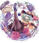  1girl black_hat blue_flower blue_rose boots bow brown_pantyhose buttons collared_shirt commentary_request diamond_button disembodied_linked_eye english_text eyeball flower frilled_shirt_collar frilled_sleeves frills green_eyes green_hair green_skirt hat hat_bow highres in_container kemo_chiharu komeiji_koishi long_sleeves looking_at_viewer medium_hair open_mouth pantyhose purple_boots red_flower red_rose rose shirt skirt solo thighs touhou wide_sleeves yellow_bow yellow_shirt 