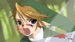 1boy arechan blonde_hair blood blood_on_face blood_on_weapon blue_eyes commentary dutch_angle english_commentary fighting forest green_background green_hat green_shirt hat link male_focus nature open_mouth outdoors phrygian_cap pointy_ears serious shirt short_hair solo sunlight sword the_legend_of_zelda the_legend_of_zelda:_twilight_princess upper_body weapon white_shirt 