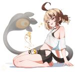  1girl :p absurdres adapted_costume ahoge arm_support bare_legs barefoot between_legs black_bra black_shorts blonde_hair bra breasts brown_hair clothing_cutout commentary crop_top english_commentary feet from_side full_body gigi_murin gigi_murin_(1st_costume) giving_up_the_ghost grem_(gigi_murin) highres hip_vent hololive hololive_english midriff multicolored_hair navel no_panties pink_eyes see-through_clothes see-through_shirt seiza shirt short_hair short_shorts short_twintails shorts simple_background single_off_shoulder sitting small_breasts soles solo t-shirt tail tenchi_mayo toes tongue tongue_out twintails two-tone_hair underwear virtual_youtuber white_background white_shirt 
