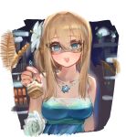  1girl bare_shoulders blonde_hair blue_dress blue_eyes commentary_request dress eye_mask feeding_viewer girls'_frontline girls'_frontline_2:_exilium hair_ornament korean_commentary long_hair looking_at_viewer mask mirae283 official_alternate_costume open_mouth sleeveless snowflake_necklace solo suomi_(girls'_frontline) suomi_(girls'_frontline_2) 