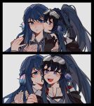  2girls animal_ears arknights artist_request astesia_(arknights) astgenne_(arknights) bird_ears black_border blue_eyes blue_hair blush border braid chinese_commentary commentary_request commission fang goggles goggles_on_head hair_between_eyes hand_on_another's_shoulder highres incest kiss kissing_cheek long_hair looking_at_another multiple_girls nose_blush open_mouth ponytail profile second-party_source siblings sisters skin_fang smile upper_body yuri 