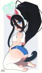  1girl animal_ear_headphones animal_ears aris_(blue_archive) ass black_hair blue_archive blue_eyes blue_halo blush breasts bunalonne cat_ear_headphones cat_ears dolphin_shorts fake_animal_ears hair_between_eyes halo headphones highres long_hair looking_at_viewer looking_back midriff paid_reward_available ponytail rectangular_halo shorts small_breasts smile solo tank_top textless_version thick_thighs thighhighs thighs toes very_long_hair white_tank_top white_thighhighs 