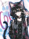  1girl alternate_costume animal_hood belt_collar black_collar black_hair black_jacket black_nails black_shirt cat_hood cat_tail character_name chinese_commentary collar commentary_request dated fingernails hand_up highres hood hood_up intio jacket long_sleeves looking_at_viewer mahou_shoujo_no_majo_saiban multicolored_hair nail_polish orange_nails orange_streaks sawatari_coco sharp_fingernails sharp_teeth shirt signature smile solo streaked_hair tail teeth upper_body 