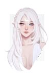  1girl absurdres artist_name bare_shoulders blue_eyes braid breasts breasts_apart closed_mouth collarbone commentary commission crescent crescent_facial_mark english_commentary eyelashes facial_mark forehead_mark hair_over_shoulder half_crown_braid highres long_hair looking_at_viewer minemir original pointy_ears portrait simple_background single_braid sleeveless solo white_hair 