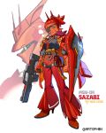  1girl absurdres arm_shield arms_at_sides artofmiin beam_rifle bell-bottoms belt belt_bag black_belt black_shirt chain char's_counterattack character_name coat coat_on_shoulders collared_shirt colored_skin commentary cosplay dress_shirt energy_gun eyepatch full_body green_eyes gun gundam high_heels highres holding holding_gun holding_weapon horns long_pointy_ears looking_at_viewer loose_necktie mecha mechanical_horns mobile_suit mouth_hold necktie neo_zeon one-eyed_mecha one_eye_covered pants pointy_ears ponytail red_coat red_hair red_horns red_necktie red_pants red_shoes red_skin robot sazabi sazabi_(cosplay) scar scar_on_arm scar_on_cheek scar_on_face shirt shoes sleeves_rolled_up smoke smoking smoking_pipe standing thigh_strap twitter_username weapon yellow_belt 