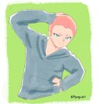  1girl alternate_hair_length_(shorter) alternate_hairstyle amanda_o'neill blue_hoodie border closed_mouth commentary commission cropped_torso english_commentary eyelashes green_background green_eyes hand_on_own_head hand_on_own_hip highres hood hood_down hoodie little_witch_academia long_sleeves mangodevourer short_hair solo tomboy twitter_username very_short_hair white_border 