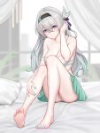  1girl absurdres aqua_eyes barefoot bed black_bow black_hairband blurry blurry_background blush bow bra breasts closed_mouth collarbone colored_tips commentary_request feet firefly_(honkai:_star_rail) full_body green_nails green_pupils green_skirt hair_between_eyes hair_bow hairband hand_in_own_hair hand_on_own_leg highres honkai:_star_rail honkai_(series) indoors knees_up large_breasts large_variant_set long_hair looking_at_viewer multicolored_hair nail_polish on_bed panties pillow sitting skirt smile soles solo strap_slip thighs toenail_polish toenails toes underwear variant_set white_bra white_panties yunkaiming 