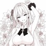  1girl armpit_focus armpits blue_archive breasts buttons capelet commentary_request cross dress floral_background flower gradient_halo hair_bun hair_flower hair_ornament hair_scrunchie halo highres large_breasts long_hair looking_at_viewer mika_(blue_archive) monochrome multicolored_halo open_mouth pink_hair pink_halo presenting_own_armpit qianli_zhuifeng_xia ribbon school_uniform scrunchie sidelocks simple_background single_side_bun smile solo white_dress white_wings wings wrist_scrunchie yellow_background yellow_eyes 