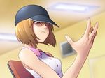  bob_cut brown_eyes brown_hair chair commentary_request hagiwara_yukiho hat idolmaster idolmaster_(classic) sat short_hair sitting sleeveless solo upper_body 