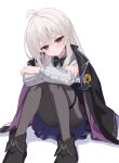  1girl absurdres ahoge black_boots black_pantyhose black_robe blue_eyes boots closed_mouth commentary_request elaina_(majo_no_tabitabi) grey_hair grey_shirt highres komugi_233 long_hair looking_at_viewer majo_no_tabitabi pantyhose robe shirt simple_background sitting smile solo white_background 