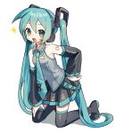  1girl aqua_eyes aqua_hair aqua_necktie aqua_trim bare_shoulders black_boots black_skirt black_sleeves boots character_name collared_shirt commentary_request detached_sleeves full_body grey_shirt hair_between_eyes hair_ornament hand_on_own_hip hand_on_own_leg hatsune_miku headset highres ille_(xcpa7325) kneeling long_hair looking_at_viewer necktie number_tattoo open_mouth pleated_skirt shirt shoulder_tattoo simple_background skirt sleeveless sleeveless_shirt smile solo sparkle tattoo thigh_boots tie_clip twintails very_long_hair vocaloid white_background wide_sleeves wing_collar zettai_ryouiki 