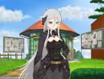  1girl black_corset black_shrug blue_sky breasts building bulletin_board bush cleavage cloud corset day door game_asset grass green_eyes grey_hair hair_between_eyes hair_ornament hand_on_own_hip hedge kunai large_breasts long_hair long_sleeves looking_at_viewer non-web_source official_art outdoors pentagram pentagram_hair_ornament pinstripe_pattern plant poster_(object) potted_plant senkou_(senran_kagura) senran_kagura senran_kagura_new_link shiny_skin shrug_(clothing) sky solo speaker star_(symbol) star_hair_ornament tree tsurime veil very_long_hair wanted_poster weapon 