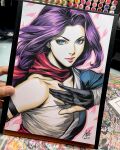  1girl art_tools_in_frame artist's_hand_in_frame black_gloves blue_eyes character_request check_character chest_sarashi closed_mouth commentary english_commentary gloves highres long_hair looking_at_viewer marker_(medium) marvel partially_fingerless_gloves photo_(medium) psylocke psylocke_(sai) purple_hair sarashi signature solo stanley_lau traditional_media upper_body x-men 