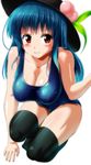  blue_hair blush breasts cleavage food fruit hat highres hinanawi_tenshi honda_takaharu large_breasts long_hair one-piece_swimsuit peach red_eyes school_swimsuit simple_background solo swimsuit thighhighs touhou white_background 