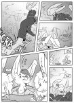 absurd_res anthro barefoot black_and_white canid canine clothed clothing comic dialogue domestic_cat feet felid feline felis female fox group hairless hairless_cat henry_(undying_void) hi_res inner_ear_fluff joseph_(undying_void) kifyun2 male mammal monochrome outside speech_bubble sphynx_(cat) text tuft wounded