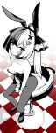  1girl absurdres alternate_costume animal_ears black_pantyhose blush breasts cleavage closed_mouth commentary_request demon_girl demon_tail fake_animal_ears greyscale hair_ornament heart heart_hair_ornament highres lacrimosa_(nte) leotard long_hair looking_at_viewer medium_breasts monochrome multicolored_hair neverness_to_everness pantyhose playboy_bunny rabbit_ears solo split-color_hair strapless strapless_leotard streaked_hair tail tomi8tky twintails two-tone_hair x_hair_ornament 
