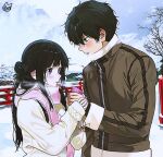  1boy 1girl black_hair blunt_bangs blush breath brown_coat chitanda_eru cloud cloudy_sky coat commentary_request double-parted_bangs fence green_eyes grey_sky hair_between_eyes height_difference holding_hands hyouka long_hair long_sleeves mery_(yangmalgage) open_mouth oreki_houtarou outdoors pink_scarf purple_eyes scarf short_hair sidelocks signature sky sleeves_past_wrists snow upper_body white_coat winter winter_clothes 