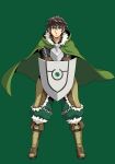  1boy armor bad_id bad_pixiv_id black_hair boots brown_armor brown_boots brown_jacket chain chest_guard cloak collared_shirt full_body fur-trimmed_armor fur-trimmed_boots fur-trimmed_jacket fur_trim green_background green_cloak green_eyes green_pants grey_armor hair_between_eyes high_collar highres holding holding_shield hood hood_down hooded_cloak iwatani_naofumi jacket knee_boots leather leather_boots leather_jacket legendary_shield_(small_shield)_(tate_no_yuusha_no_nariagari) legendary_shield_(tate_no_yuusha_no_nariagari) long_sleeves looking_at_viewer male_focus messy_hair minami_seira official_art pants promotional_art shield shirt short_hair short_sleeves simple_background solo straight-on tassets tate_no_yuusha_no_nariagari v-shaped_eyebrows white_fur yellow_trim 