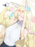  1girl :3 absurdres adjusting_eyewear aged_up animal_ear_fluff animal_ears animal_on_arm bird bird_on_arm blank_eyes blonde_hair blue_archive breasts commentary coolpsyco english_commentary extra_ears eyewear_on_head fox_ears fox_girl fox_tail gradient-tinted_eyewear grin hair_over_one_eye halo hand_up highres jacket jewelry long_hair medium_breasts necklace over-rim_eyewear pink-tinted_eyewear ring seia_(blue_archive) seia_(swimsuit)_(blue_archive) semi-rimless_eyewear shadow shirt sleeveless sleeveless_shirt sleeves_past_wrists smile solo sparkle sweatdrop tail tinted_eyewear v white_background white_shirt yellow-framed_eyewear yellow-tinted_eyewear yellow_jacket 