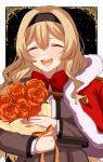  1girl :d absurdres badge black_background black_hairband blonde_hair border bouquet bow bowtie closed_eyes commentary dot_nose double-parted_bangs facing_viewer flower french_commentary fur-trimmed_jacket fur_trim grey_jacket hair_between_eyes hairband highres holding holding_bouquet jacket jacket_on_shoulders kamikawa_celery long_hair long_sleeves open_clothes open_jacket open_mouth orange_bow orange_ribbon ornate_border outside_border red_bow red_bowtie red_flower red_jacket red_rose ribbon rose saijo_claudine school_uniform seisho_music_academy_school_uniform shirt shoujo_kageki_revue_starlight smile solo teeth upper_body upper_teeth_only wavy_hair white_border white_shirt 