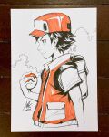  1boy backpack bag black_hair commentary english_commentary from_side hat highres holding holding_poke_ball jacket male_focus marker_(medium) peaked_cap photo_(medium) poke_ball pokemon pokemon_red/green/blue/yellow red_(pokemon) signature sketch solo stanley_lau traditional_media 