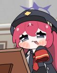  1girl :3 black_coat black_hat black_shirt blue_archive blue_halo blush_stickers chibi chibi_only coat commentary_request contrast_lapels from_below grey_eyes halo hat highres iroha_(blue_archive) korean_commentary lapels long_hair looking_at_object loose_necktie military_hat necktie open_mouth picture_frame raised_inner_eyebrows red_hair red_necktie shirt shirt_partially_tucked_in sleeves_past_wrists smug solo very_long_hair zeroku77 