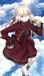  1girl artoria_pendragon_(fate) black_ribbon blonde_hair breasts commentary_request cup disposable_cup drinking drinking_straw fate/grand_order fate_(series) game_asset hair_ribbon jacket kneehighs long_hair long_sleeves looking_at_viewer low_ponytail medium_breasts official_art open_clothes open_jacket partial_commentary ponytail red_jacket red_skirt ribbon saber_alter saber_alter_(academy_outfit) shima_udon sidelocks skirt socks solo takeuchi_takashi third-party_source yellow_eyes 